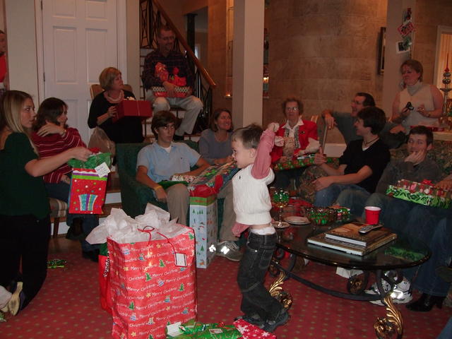 Chaos of opening presents at the Batson family Christmas